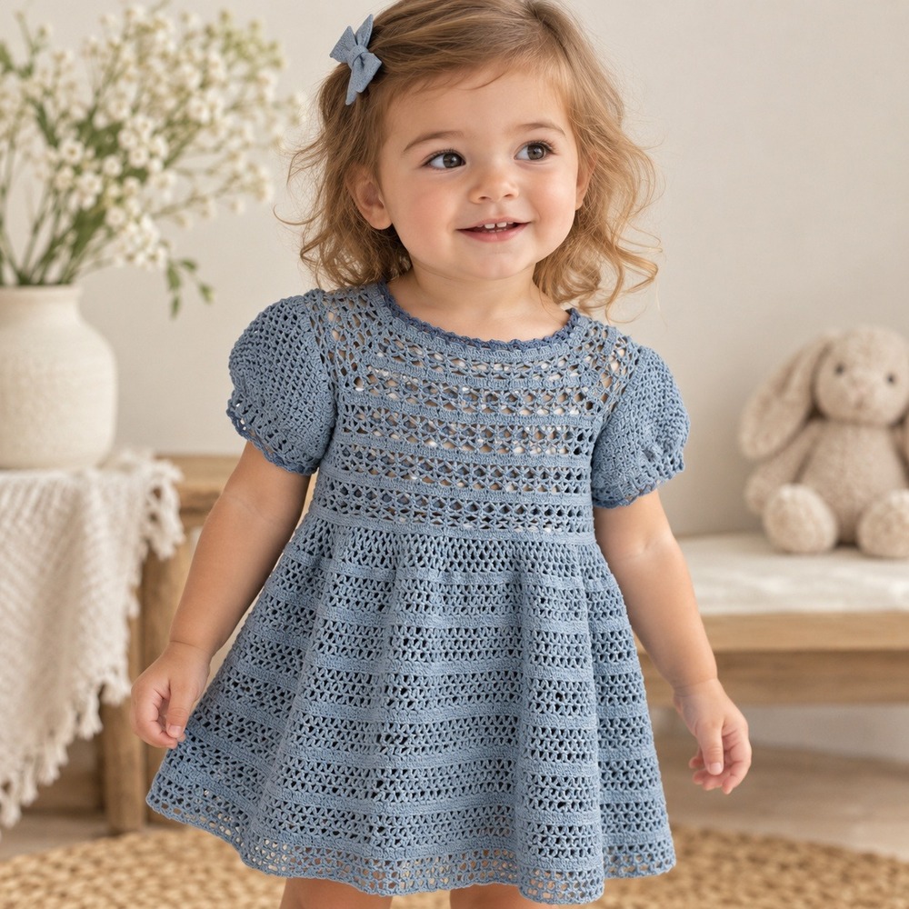 Hand Crocheted Cotton Baby Dress Blue Puff Sleeve Button Back Approx 18M